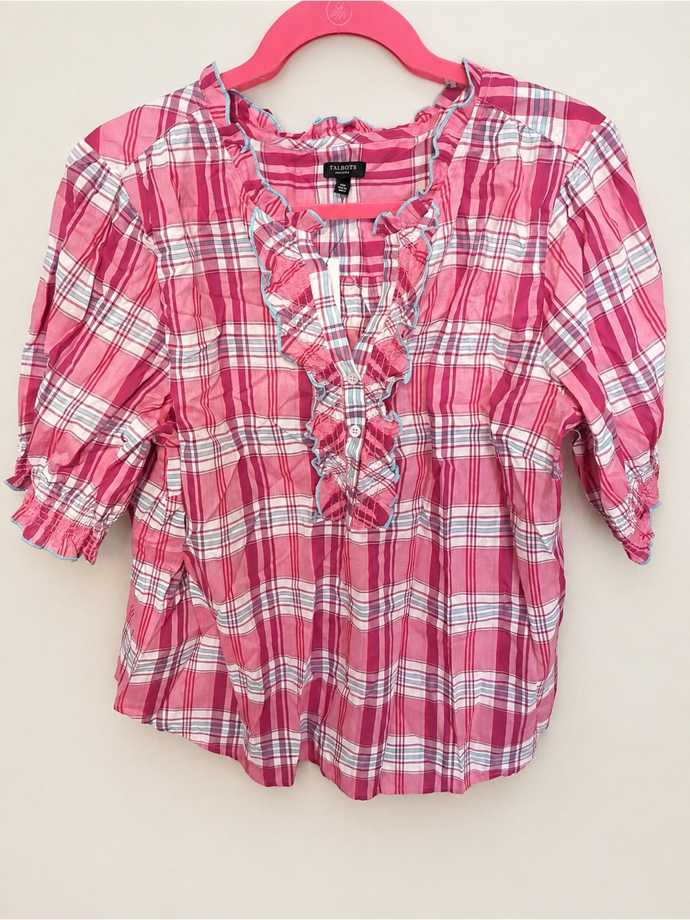 Talbots Plus Petite 2XP Pink Plaid Ruffle 3/4 Sleeve Blouse NWT
